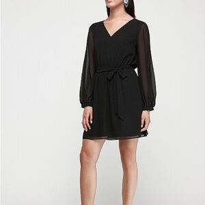 Express chiffon Sleeve sash tie fit and flare Black Long Sleeve Dress
